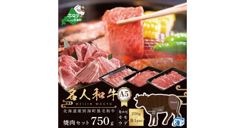 【ふるさと納税】 A5 黒毛和牛 焼肉セット 750g 北海道 別海町産「名人和牛」 A5クラス 焼肉用 3種( 250g×各1P ウデ、モモ、カルビ ）（ ふるさと納税 焼肉 焼き肉 やきにく 焼肉セット 焼き肉セット 国産 国産牛 盛り合わせ 食べ比べ 牛肉 和牛 牛 ふるさと ）