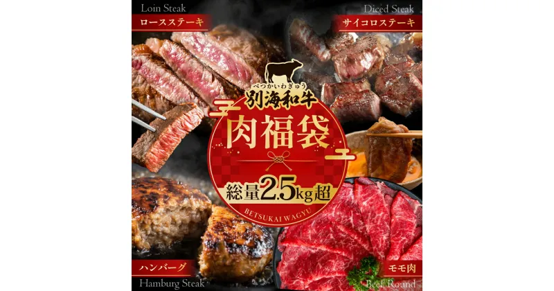 【ふるさと納税】【 別海和牛 肉 福袋 4種類 総量2.5kg超 】 豪華 肉 福袋 ( ハンバーグ 980g（140g×7個） モモ肉600g（300g×2P） サイコロステーキ 500g（250g×2P） ロースステーキ 500g（250g×2P））（ ふるさと納税 福袋 牛肉 黒毛和牛 訳あり ふるさと ステーキ ）