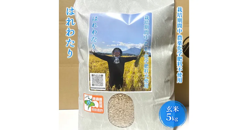 【ふるさと納税】栽培期間中農薬化学肥料不使用 はれわたり 玄米 5kg　弘前市